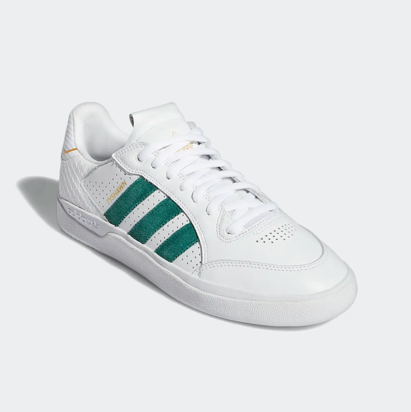 ADIDAS TYSHAWN LOW FLAT WHITE / COLLEGIATE GREEN / METALLIC GOLD Adidas Tour 360 Spikeless Golf Shoes