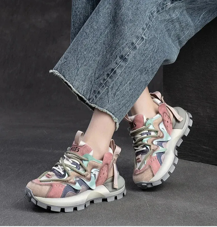 Air Mesh Genuine Leather Chunky Sneaker Best Flat Training Shoes