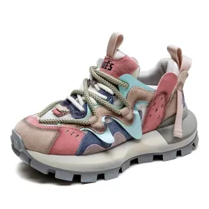 Flat Feet Low Arch Running Shoes Air Mesh Genuine Leather Chunky Sneaker