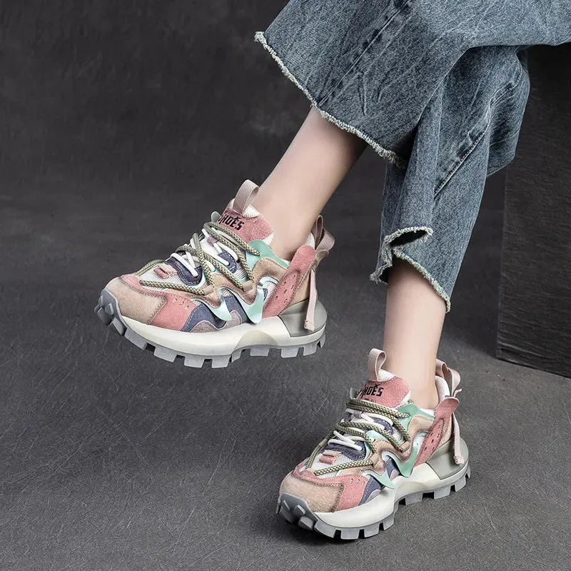 Clipless Flat Shoes Air Mesh Genuine Leather Chunky Sneaker