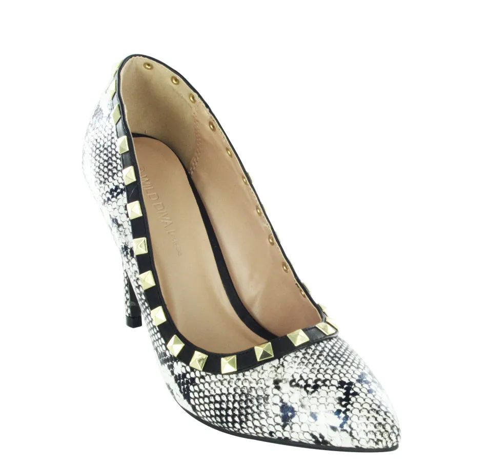 AKIRA-281 SNAKE STYLE STUDDED DESIGNER SEXY STILETTOS HEELS Tan Leather Casual Shoes