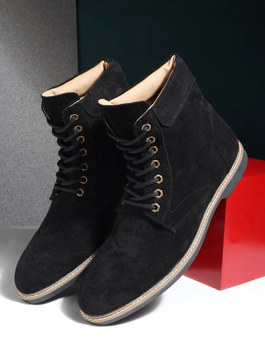 Wide Width Shoes For Feet Teakwood Men Black Solid Round Toe Suede Mid-Top Flat Lace-up Boot