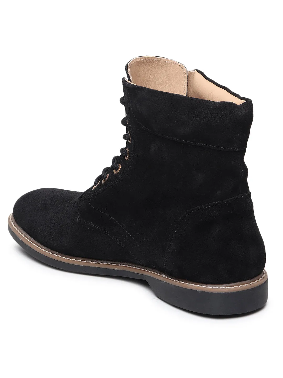 Shoes Flat Feet And Weak Ankles Teakwood Men Black Solid Round Toe Suede Mid-Top Flat Lace-up Boot