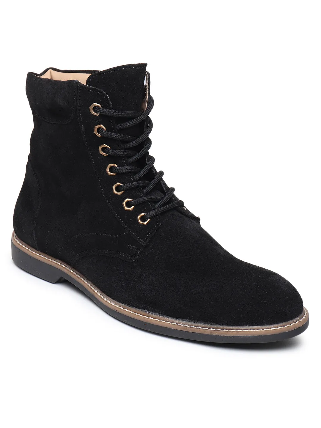 Good Walking Shoes For With Flat Feet Teakwood Men Black Solid Round Toe Suede Mid-Top Flat Lace-up Boot