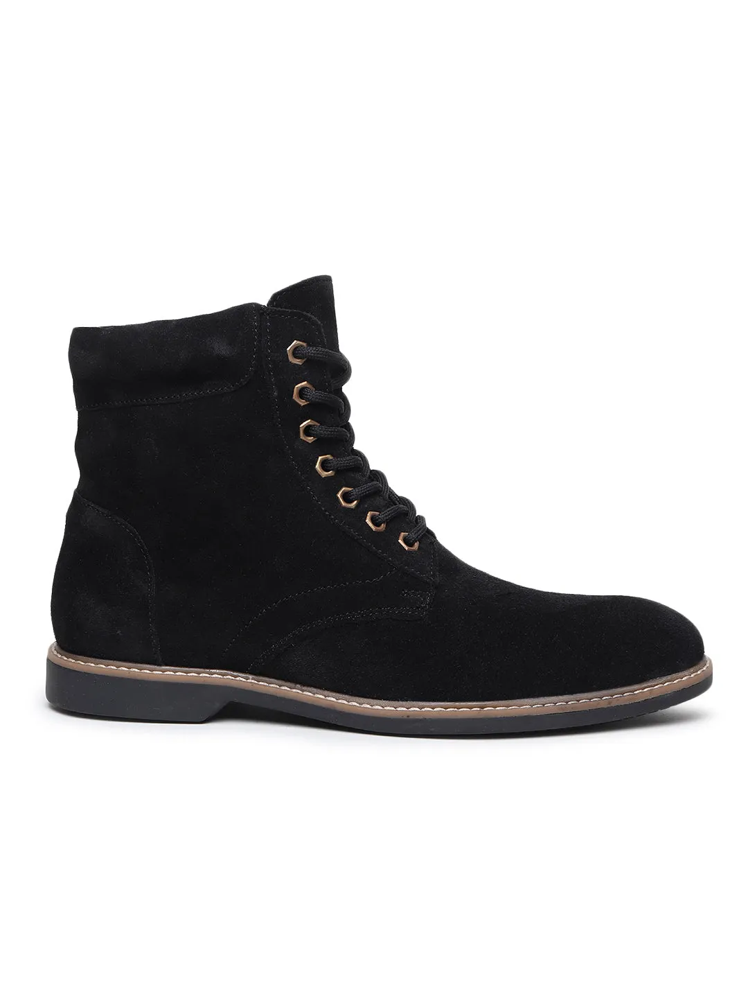 Teakwood Men Black Solid Round Toe Suede Mid-Top Flat Lace-up Boot Christmas Flats Shoes