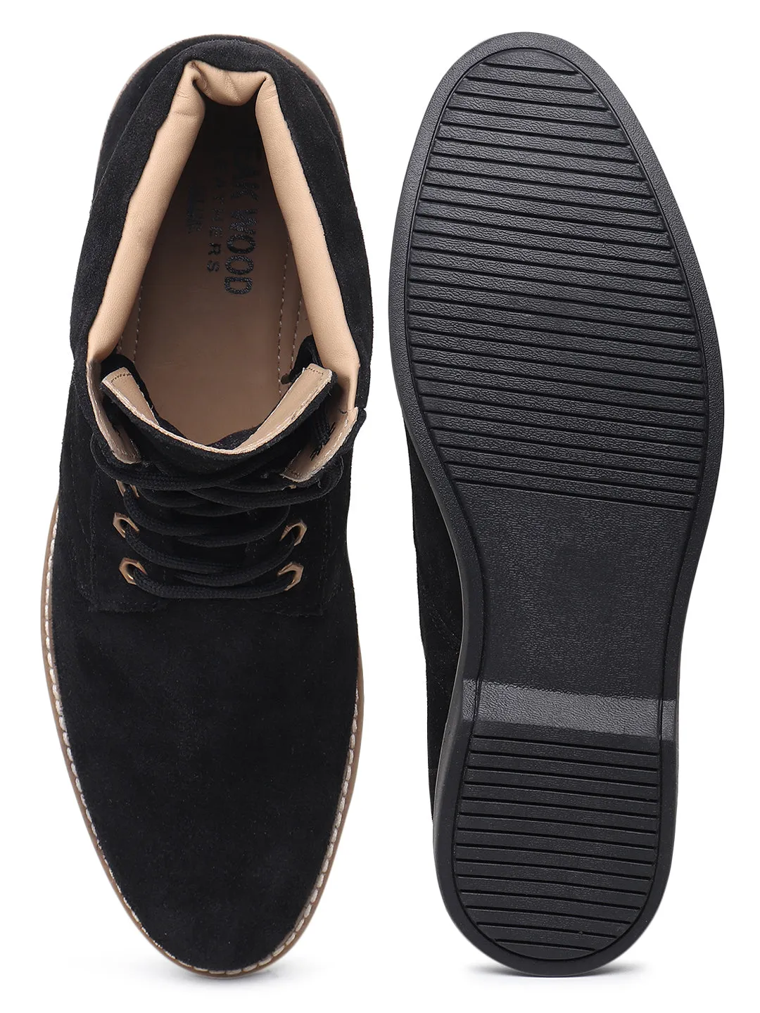 Teakwood Men Black Solid Round Toe Suede Mid-Top Flat Lace-up Boot Ballet Flats That Look Like Ballet Shoes