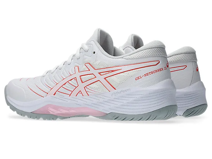Tokyo Olympics Asics Shoes ASICS WOMEN'S NETBURNER 21 WHITE/PAPAYA NETBALL SHOES