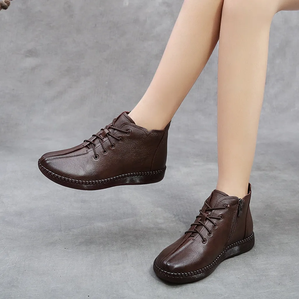 Flat Mary Jane Shoes Outfit Autumn Winter Leather Soft Shoes Short Women's Boots 41