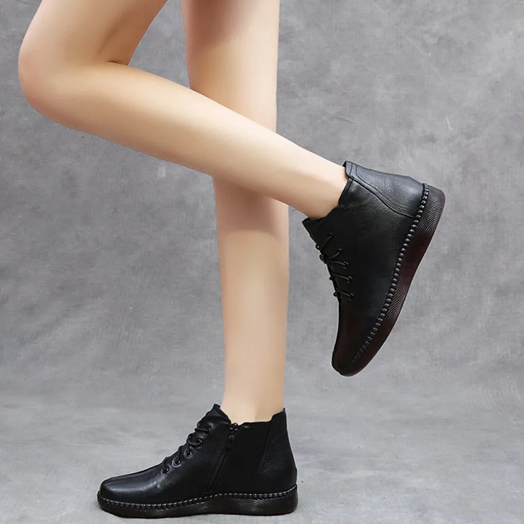 Autumn Winter Leather Soft Shoes Short Women's Boots 41 Flat Feet Athletic Shoes
