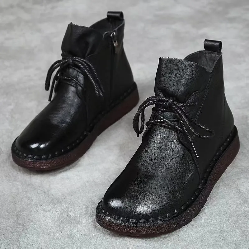 Waterproof Spring Shoes Babakud Women Leather Handmade Lace Up Boots With Side Zippers