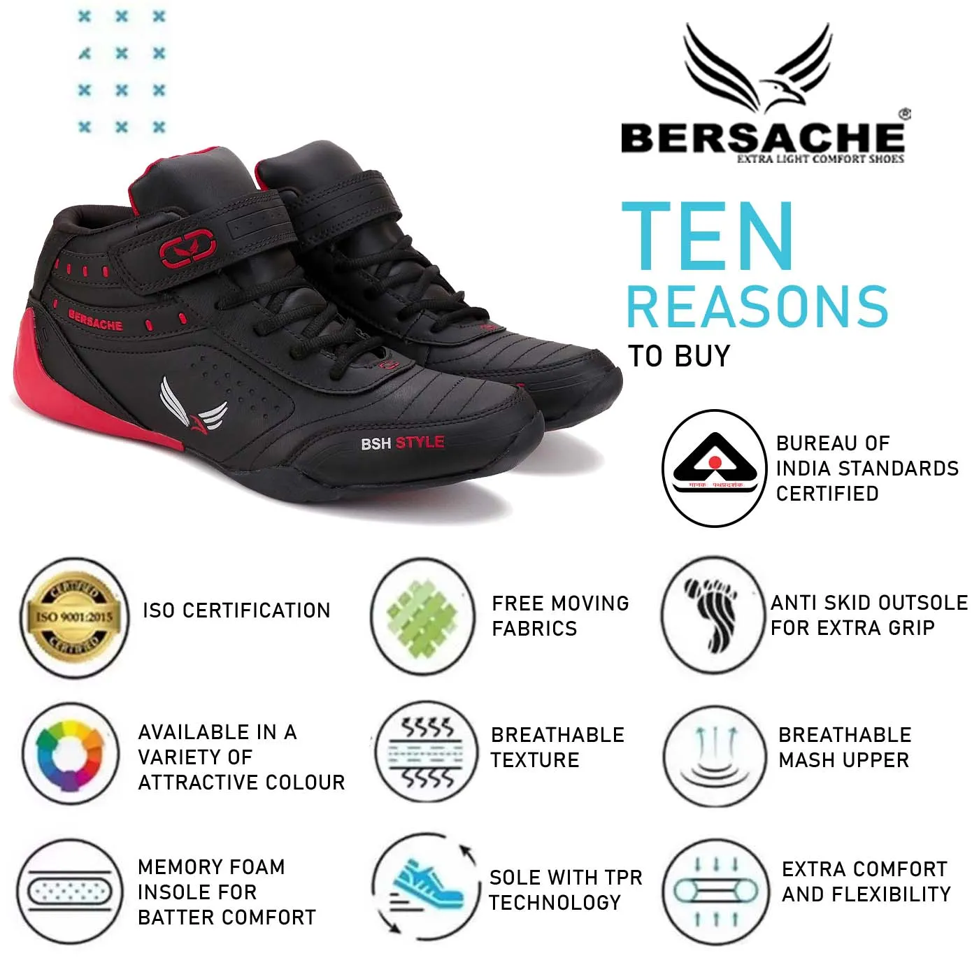 Bersache Lightweight Sports Running Shoes For Men Black-9020 Walking Hiking Shoes