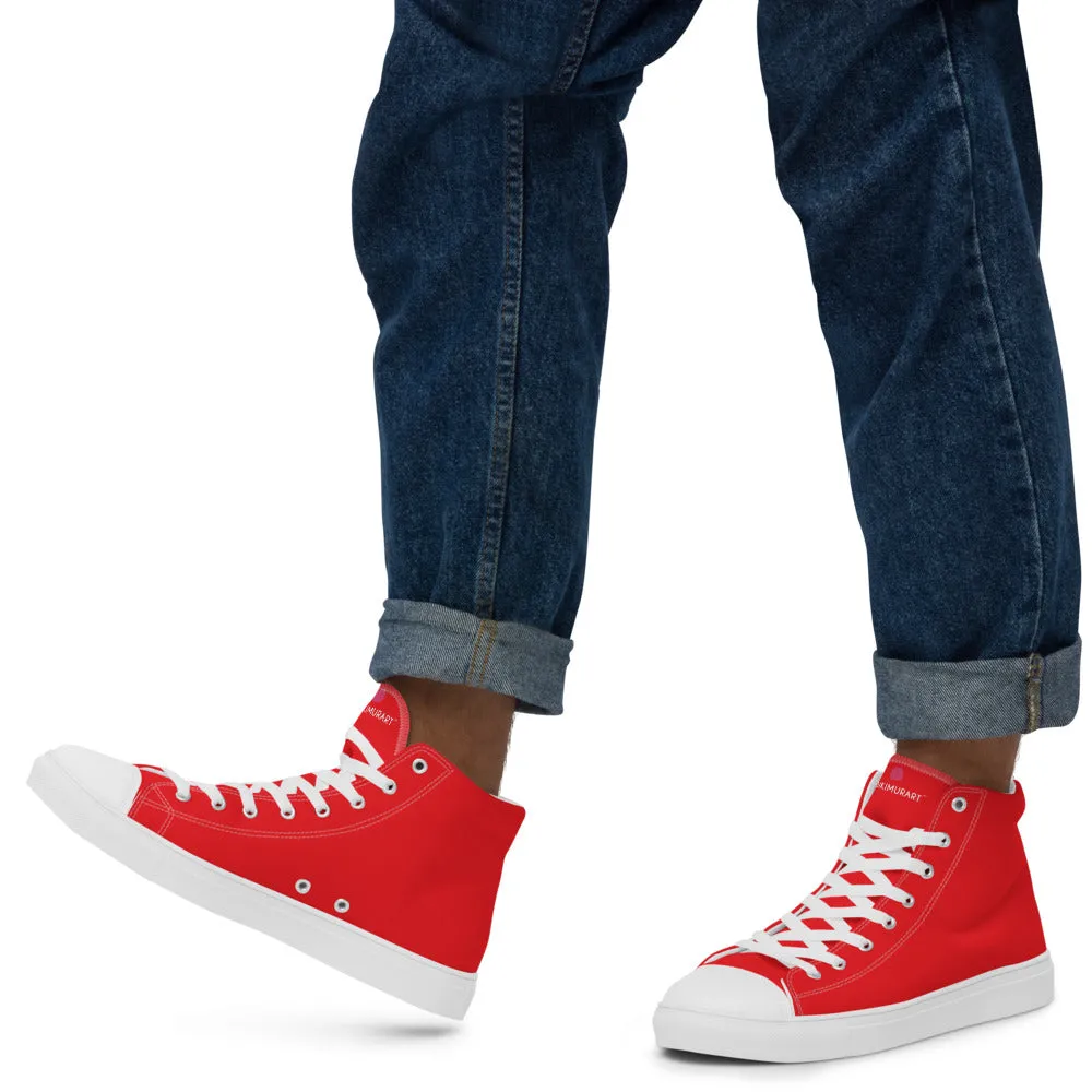 Boots Poem Bright Red Men's High Tops, Solid Red Color Mens High Top Sneakers Canvas Tennis Shoes With White Laces and Faux Leather Toe Caps (US Size: 5-13)