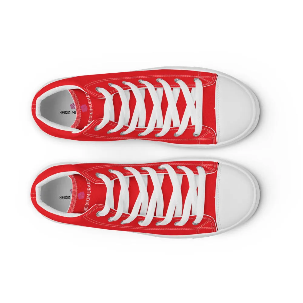 Pointy Toe Cowboy Boots Bright Red Men's High Tops, Solid Red Color Mens High Top Sneakers Canvas Tennis Shoes With White Laces and Faux Leather Toe Caps (US Size: 5-13)