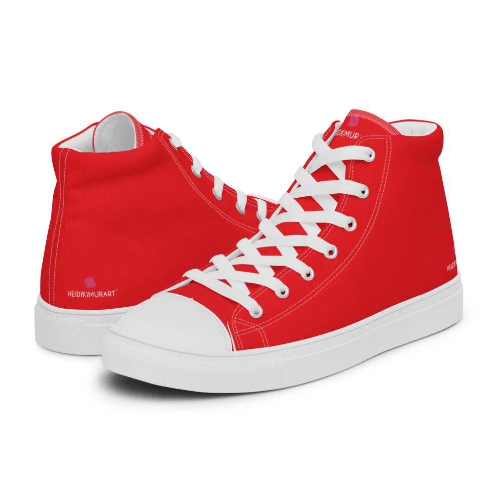 Boots Repair Bright Red Men's High Tops, Solid Red Color Mens High Top Sneakers Canvas Tennis Shoes With White Laces and Faux Leather Toe Caps (US Size: 5-13)