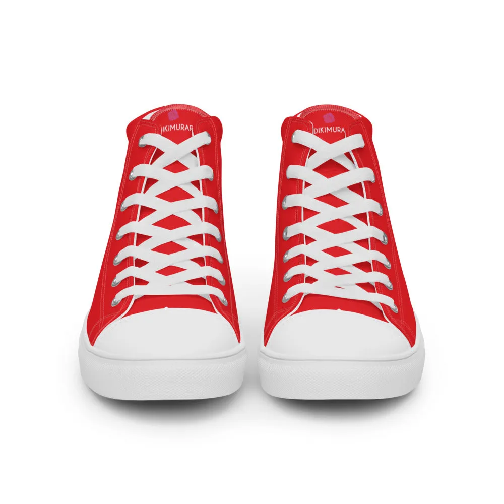 Motorcycle Adventure Boots Bright Red Men's High Tops, Solid Red Color Mens High Top Sneakers Canvas Tennis Shoes With White Laces and Faux Leather Toe Caps (US Size: 5-13)