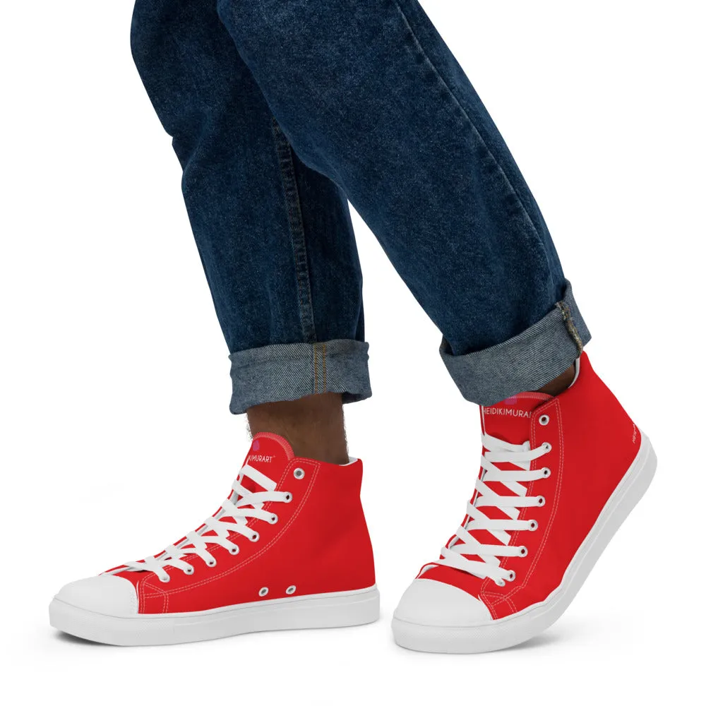 Breathable Boots Bright Red Men's High Tops, Solid Red Color Mens High Top Sneakers Canvas Tennis Shoes With White Laces and Faux Leather Toe Caps (US Size: 5-13)