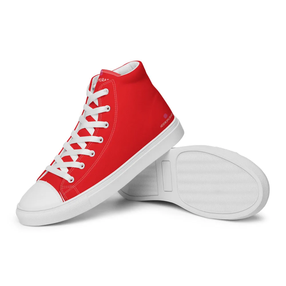 Bright Red Men's High Tops, Solid Red Color Mens High Top Sneakers Canvas Tennis Shoes With White Laces and Faux Leather Toe Caps (US Size: 5-13) Carbon Toe Boots