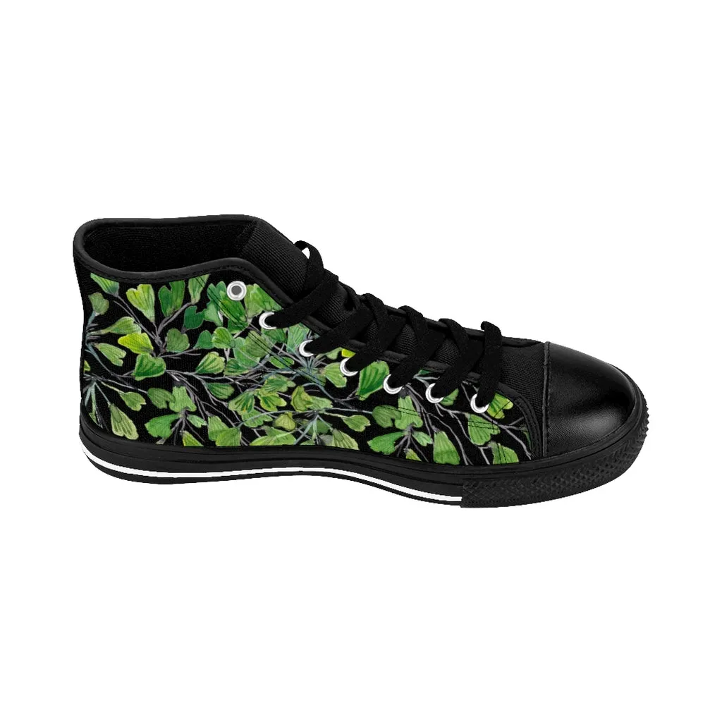 Open Toe Thigh High Boots Black Fern Men's High-top Sneakers, Green Maidenhair Leaf Designer Tennis Running Shoes