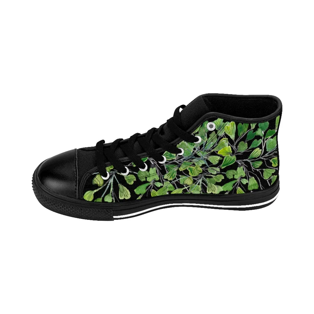 Rubber Cowboy Boots Black Fern Men's High-top Sneakers, Green Maidenhair Leaf Designer Tennis Running Shoes