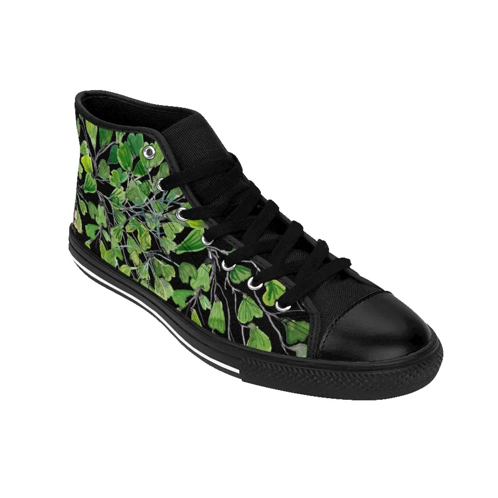 Cowgirl Boots Clearance Black Fern Men's High-top Sneakers, Green Maidenhair Leaf Designer Tennis Running Shoes