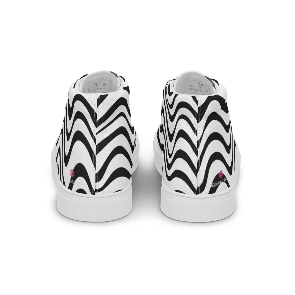 Boots Long Black White Waves Men's Sneakers, Waves Abstract High Top Premium Tennis Shoes For Men