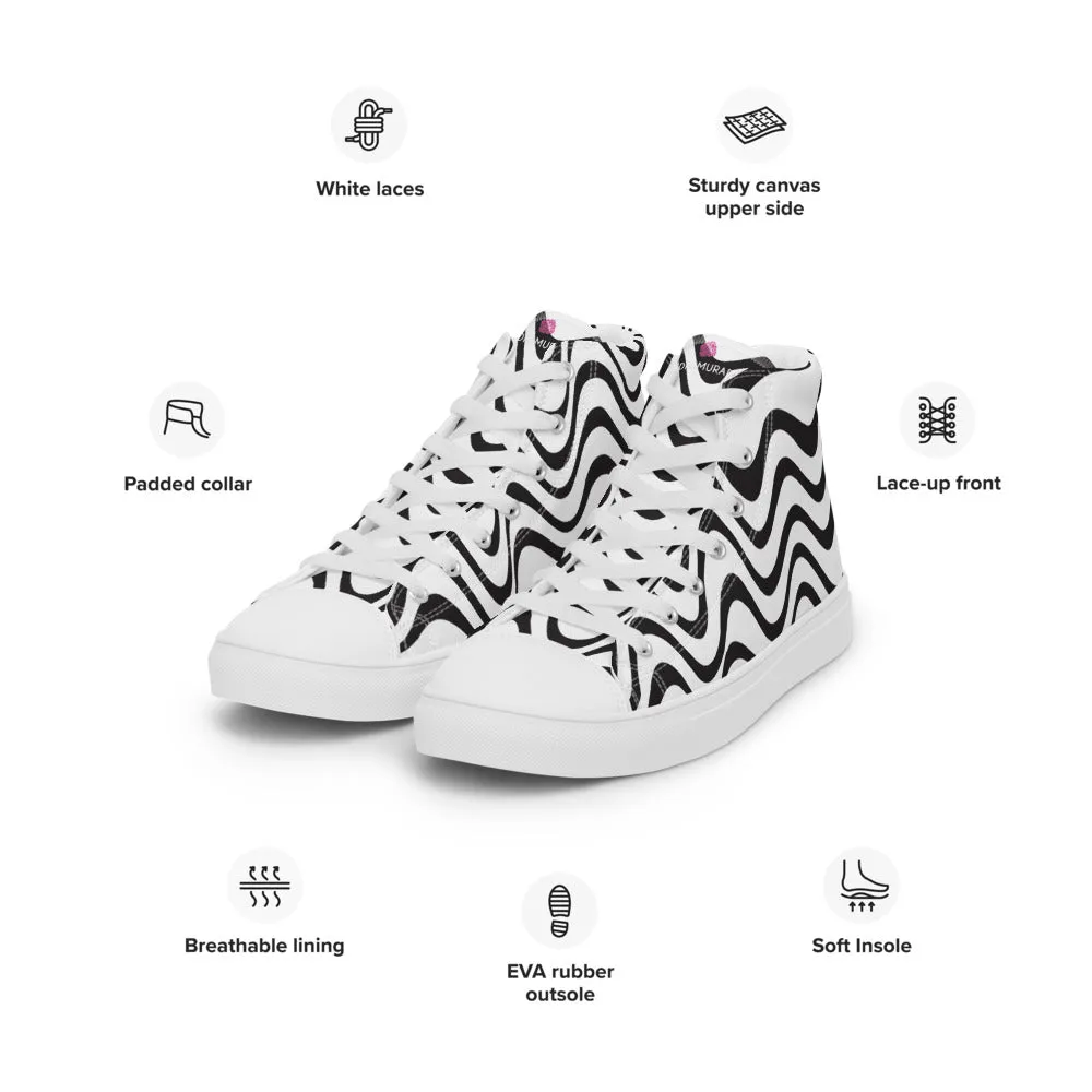 Spider Boots Black White Waves Men's Sneakers, Waves Abstract High Top Premium Tennis Shoes For Men