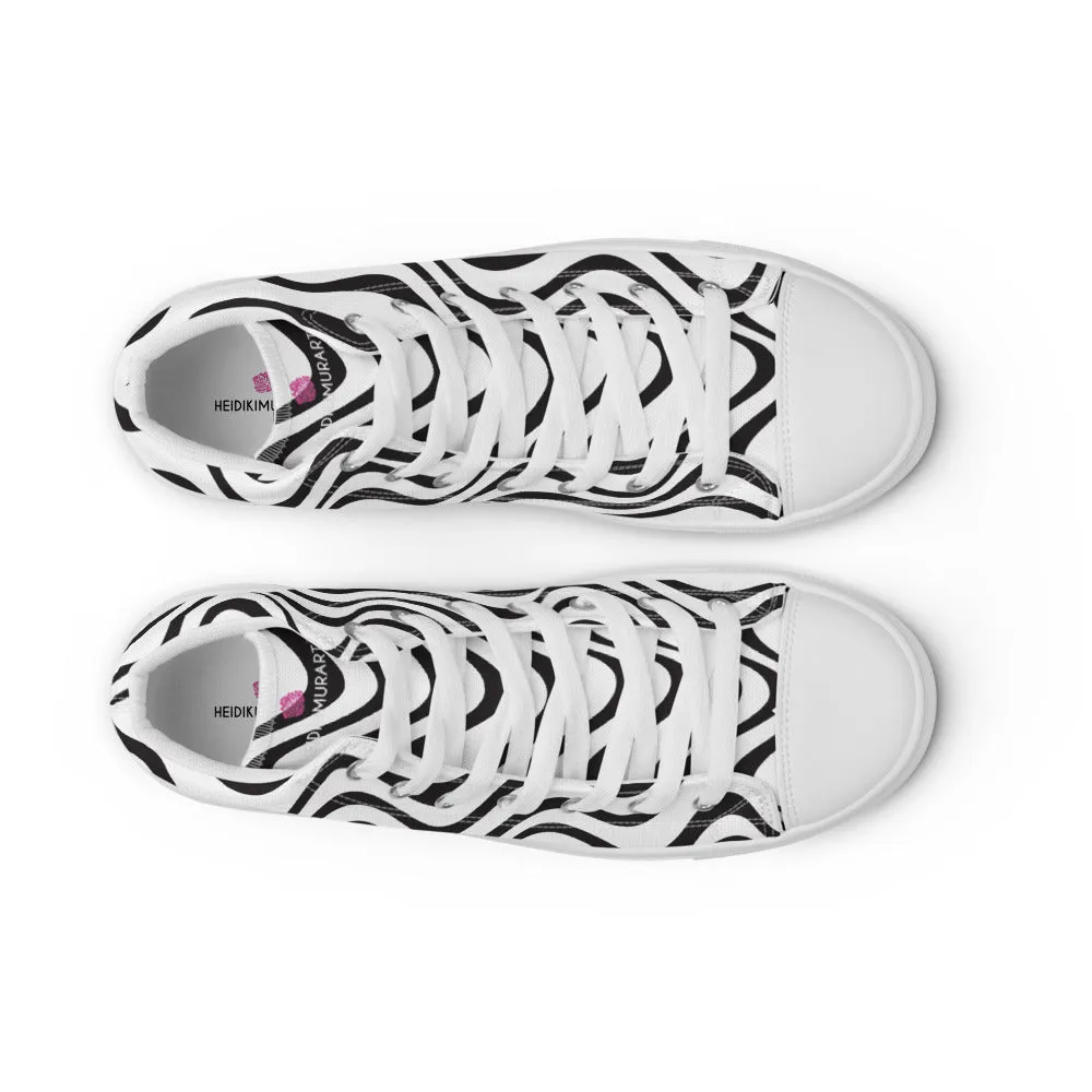 Black White Waves Men's Sneakers, Waves Abstract High Top Premium Tennis Shoes For Men Insole Inserts For Boots