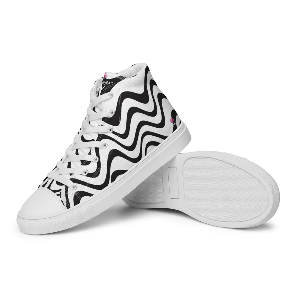 Black White Waves Men's Sneakers, Waves Abstract High Top Premium Tennis Shoes For Men Tingley Rubber Boots