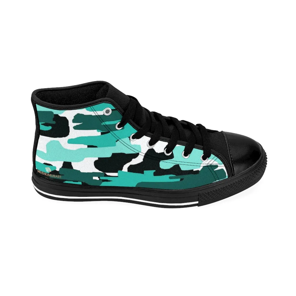 Blue Camouflage Men's High-top Sneakers, Army Military Men's Designer Tennis Running Shoes Silver Metallic Boots