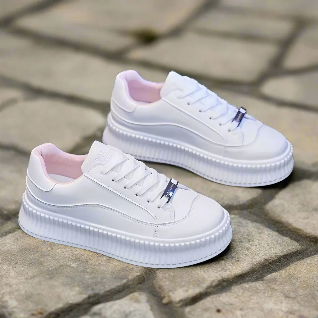 Women's White High Soled Sneaker Fashion Casual Shoes - BF001 Wide With Sneakers