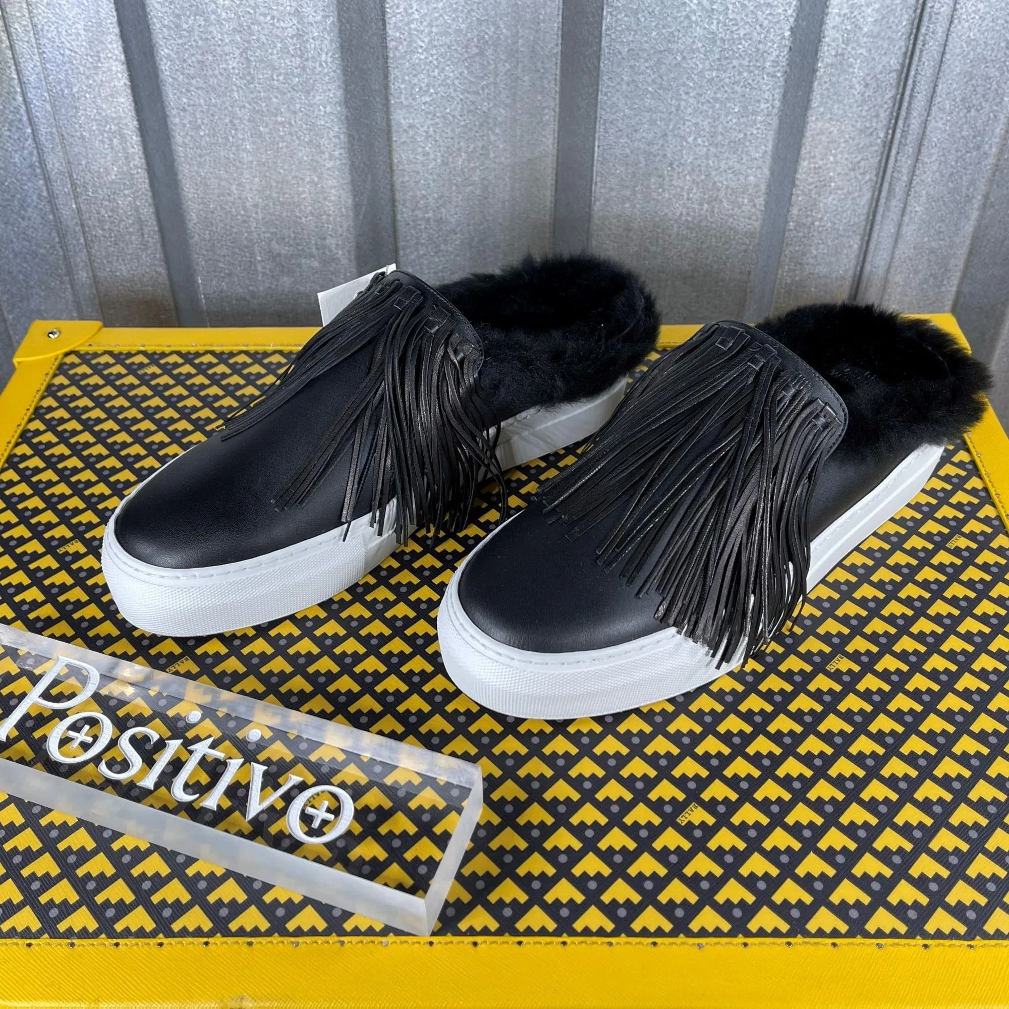 Flats Jellypop Shoes Buscemi Sabot Fringe Flat Black Leather Sneakers