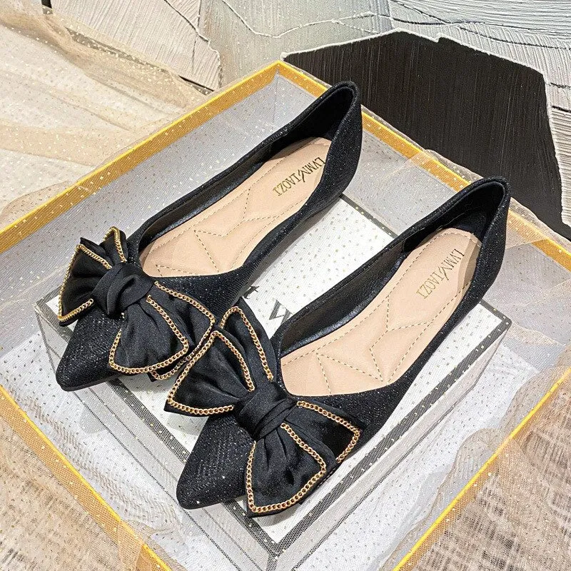 Chicmy Women Flat Elegant Fashion Women Flat Fashion Ballet Shoes Big Bow Tie Pointed Toe Flats Shoes Lady Shiny Flat Flat Shoes On