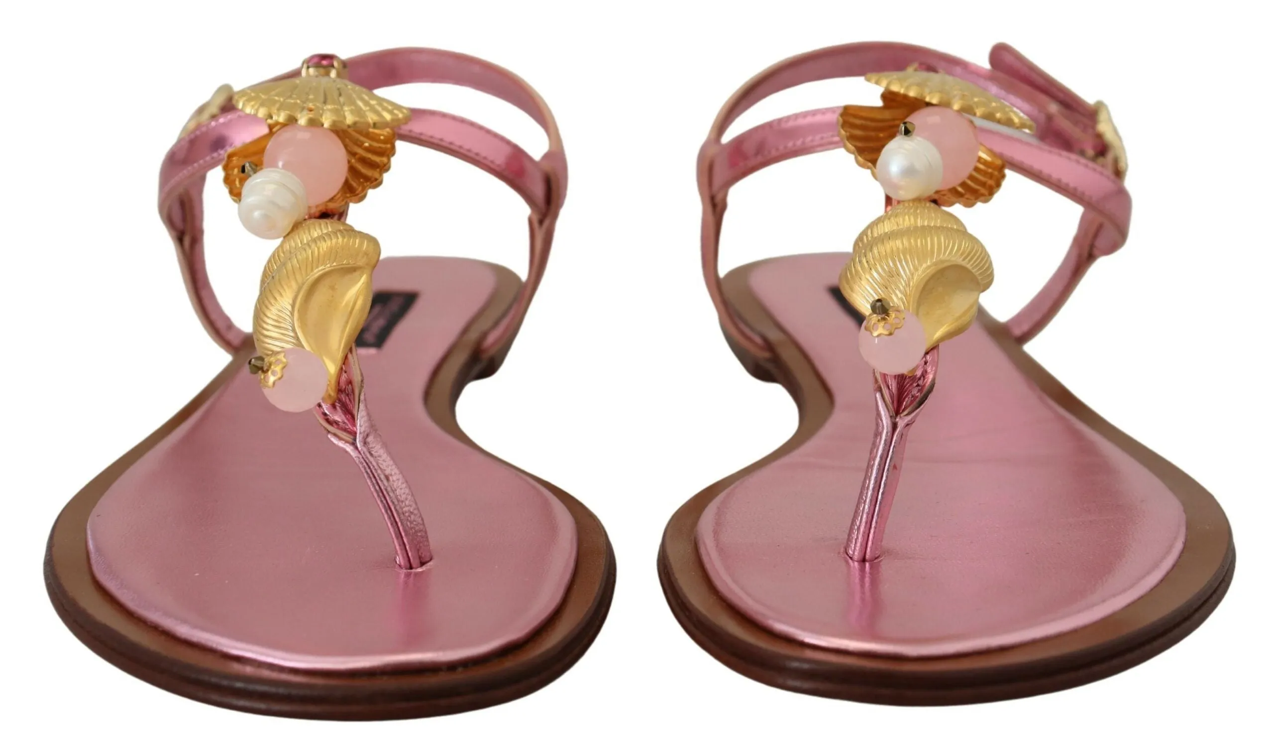 Flat Shoes Square Crystal Dolce & Gabbana Chic Pink Leather Sandals with Exquisite Embellishment