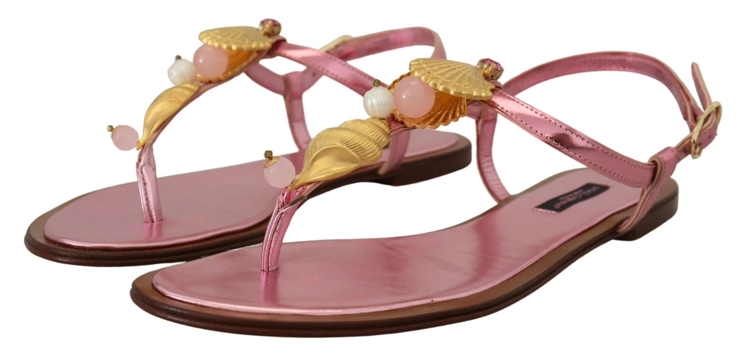 Dolce & Gabbana Chic Pink Leather Sandals with Exquisite Embellishment Flat-footed Shoes