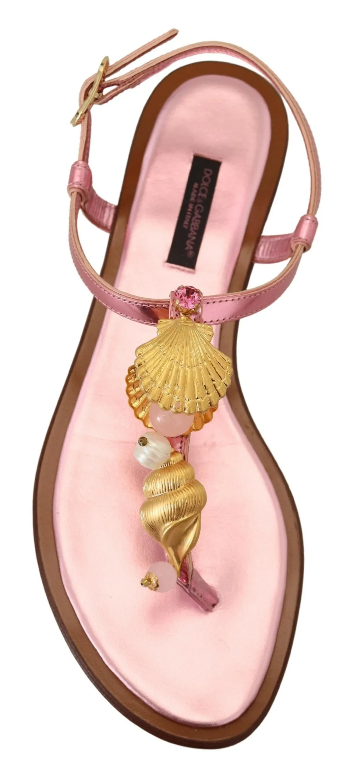 Dolce & Gabbana Chic Pink Leather Sandals with Exquisite Embellishment Basic Flat Shoes