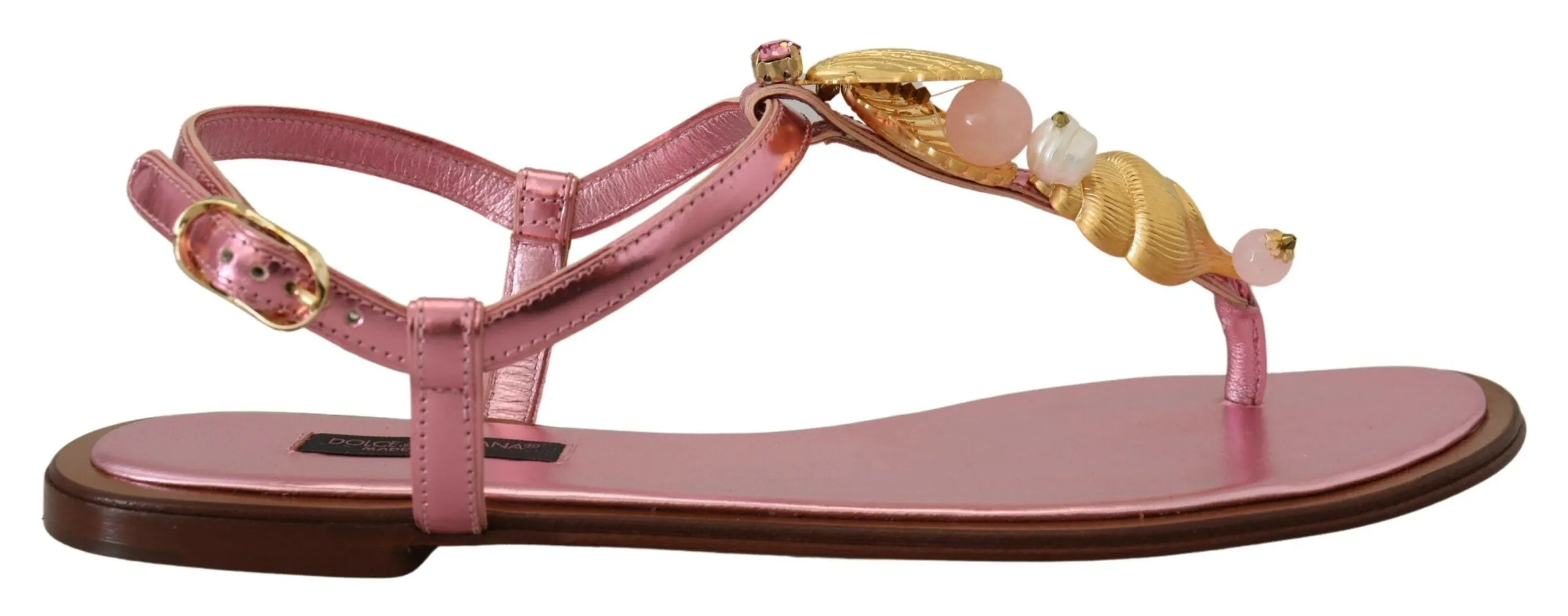 Flat Shoes Feet Dolce & Gabbana Chic Pink Leather Sandals with Exquisite Embellishment