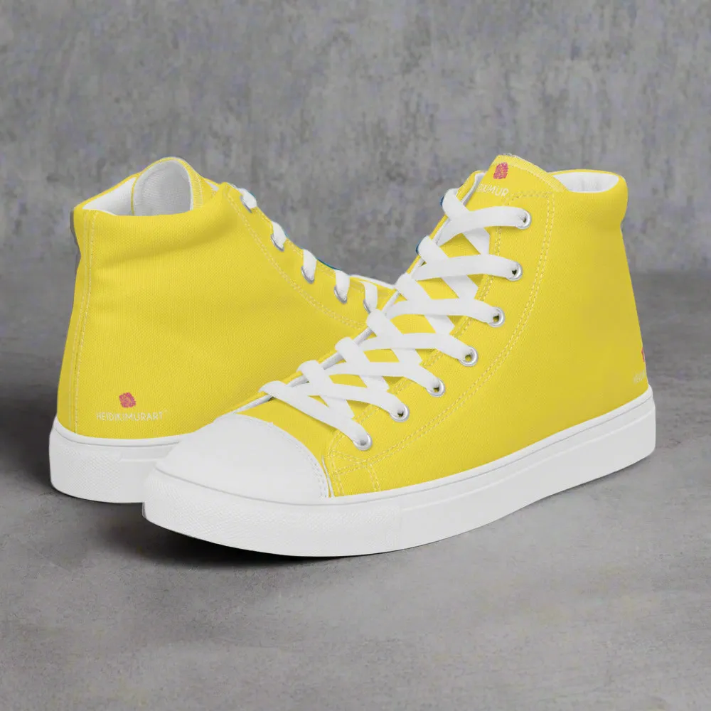 Men's Yellow  High Top Sneakers, Solid Lemon Yellow Color Mens High Top Canvas Fashion Running Tennis Shoes Water Proof Hiking Boots
