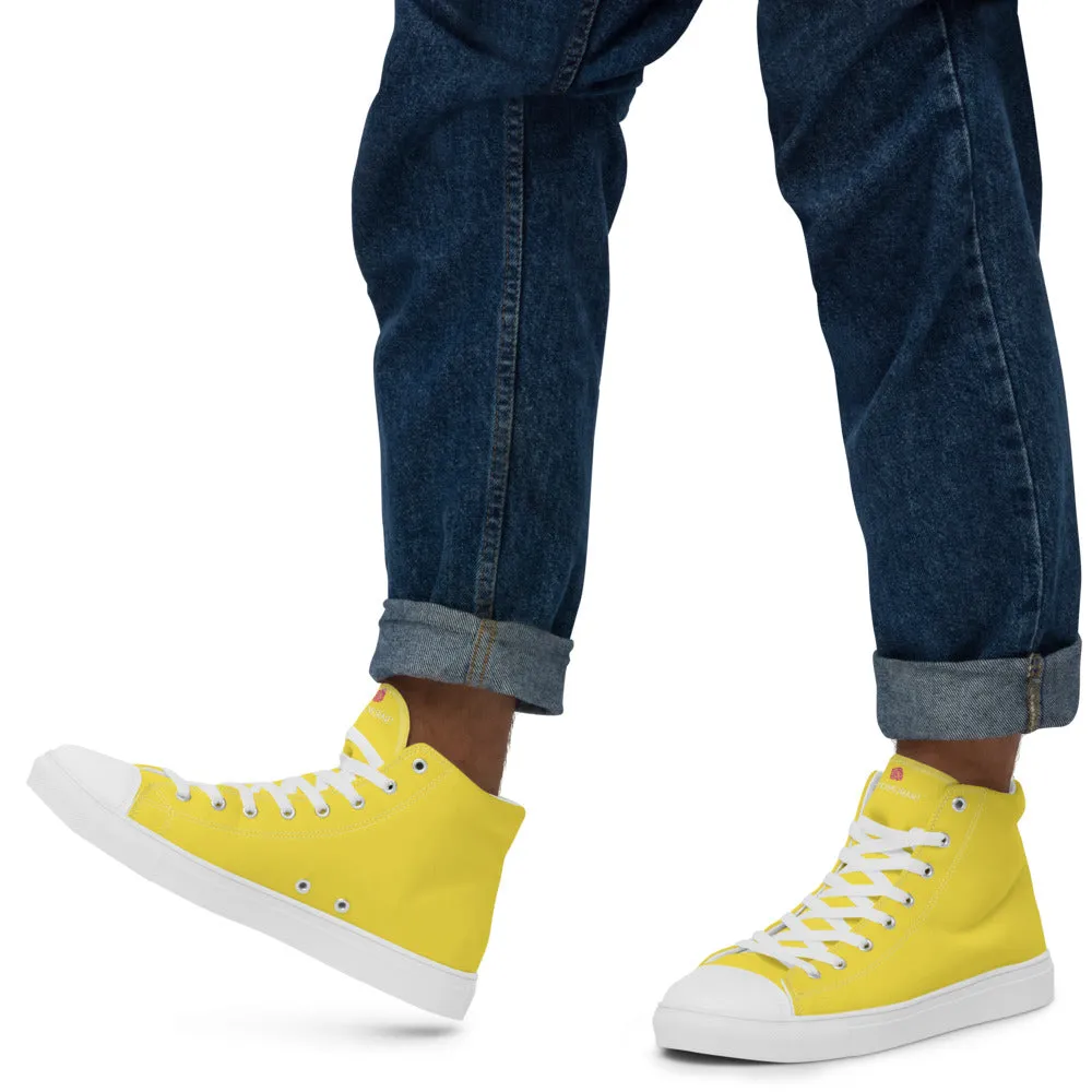 Sand In My Boots Boots Men's Yellow  High Top Sneakers, Solid Lemon Yellow Color Mens High Top Canvas Fashion Running Tennis Shoes