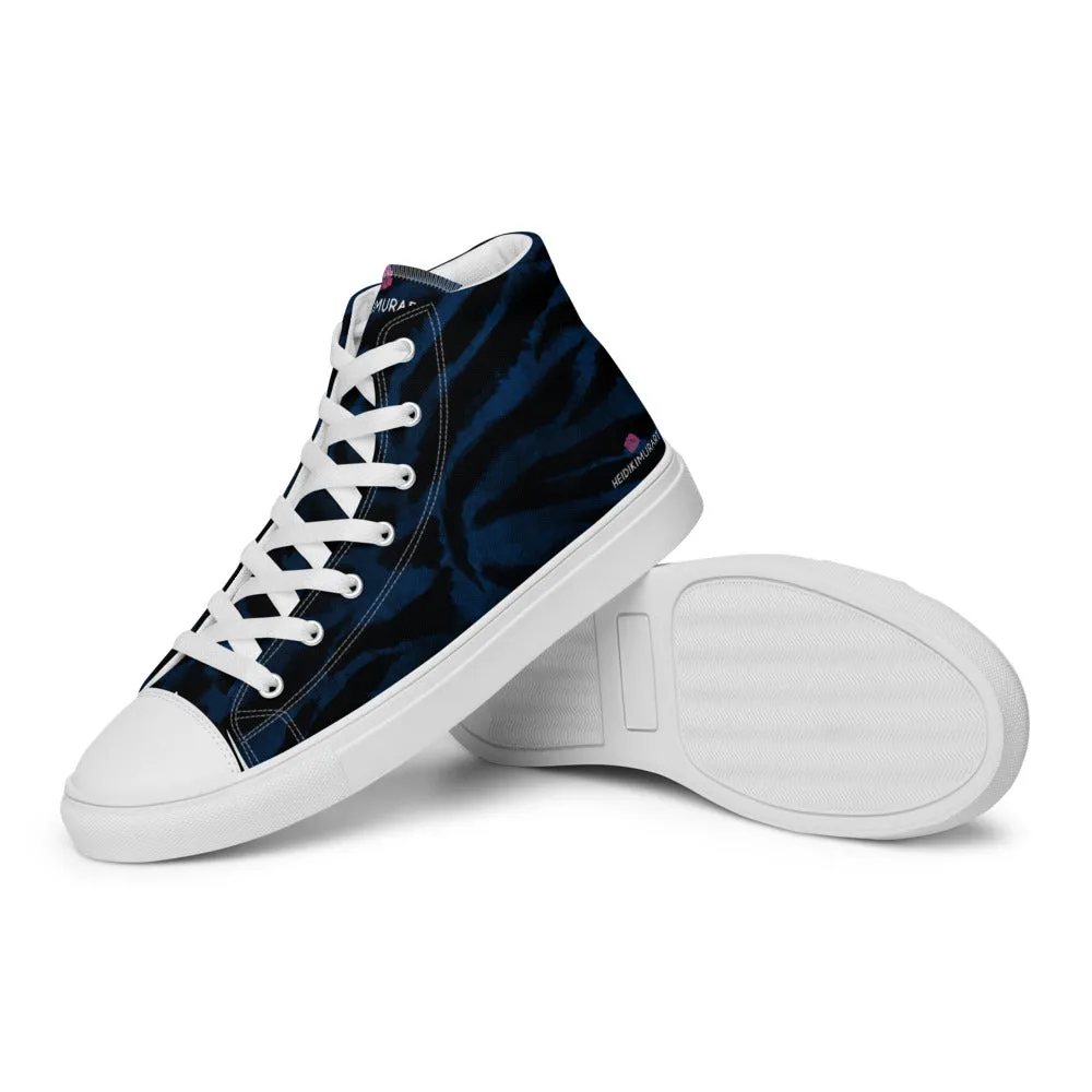 Navy Blue Tiger Men's Sneakers, Tiger Faux Skin Striped Animal Print Designer High Tops For Men Platform Oxford Boots