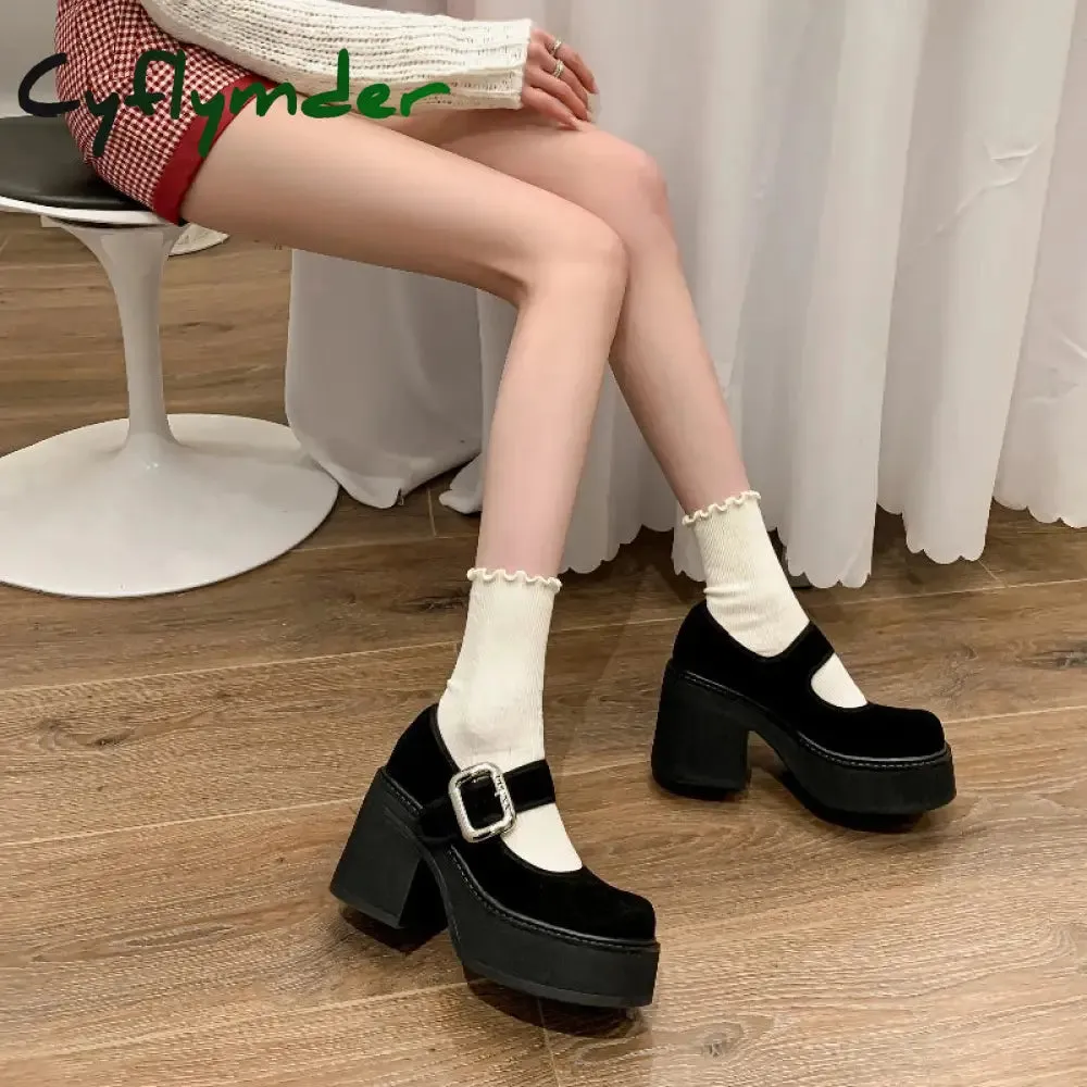 Textile Upper Shoes Waterproof Cyflymder 9CM High Heel Women Mary Jane Shoes Fashion Belt Buckle 2025 Spring Autumn Platform Single Shoes