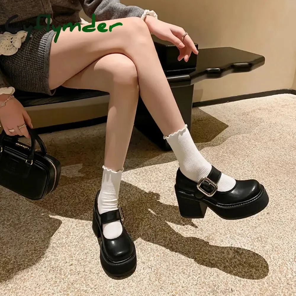 Cyflymder 9CM High Heel Women Mary Jane Shoes Fashion Belt Buckle 2025 Spring Autumn Platform Single Shoes Waterproof Non Skid Shoes