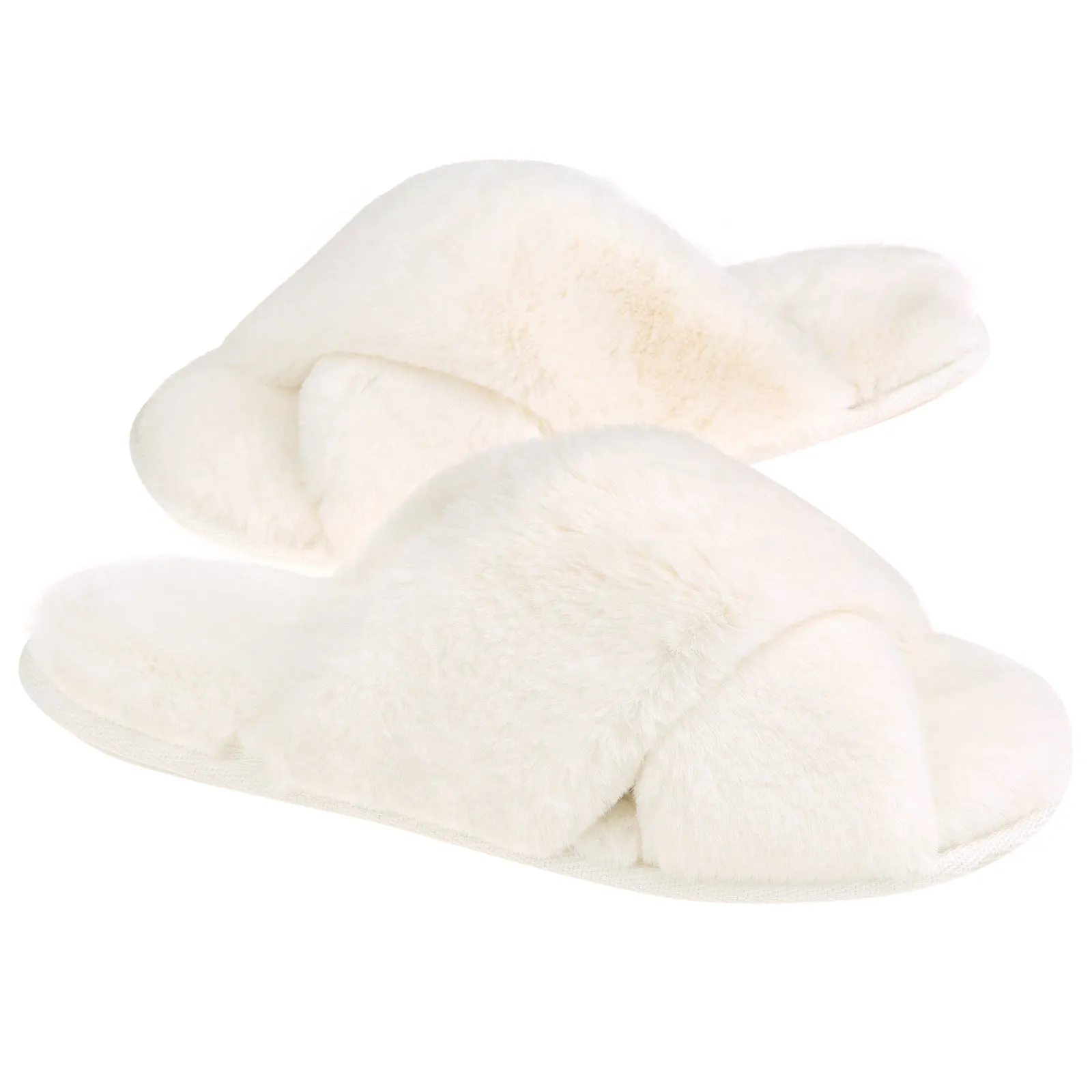 VONMAY Fuzzy Slides for Women Cross Band Faux Fur Open Toe Slippers with Soft Comfy Memory Foam Plush Fluffy Slip On Cozy Anti-Slip House Shoes Protector Waterproof Spray