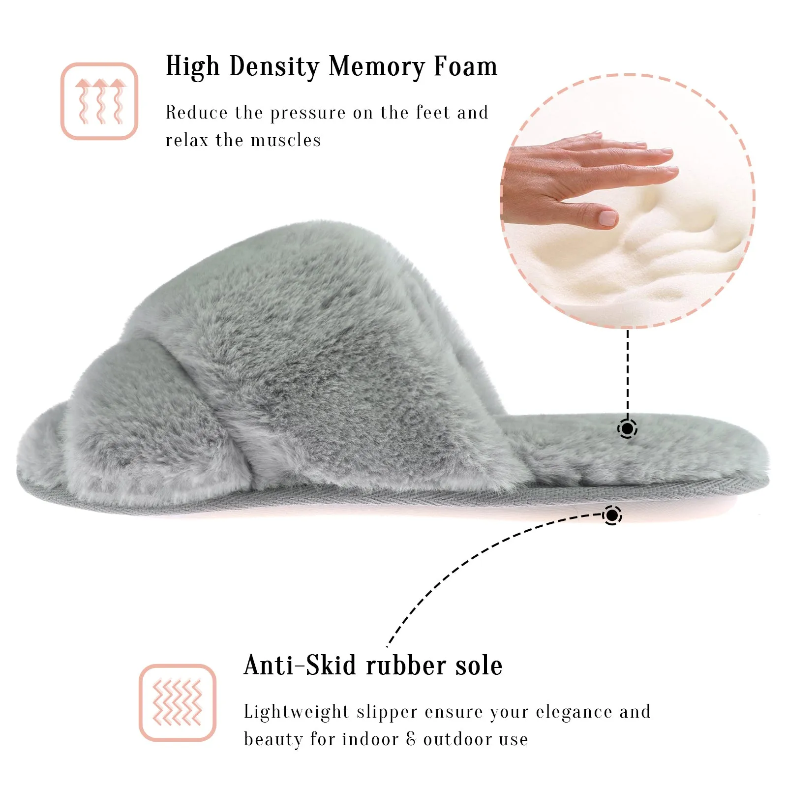 VONMAY Fuzzy Slides for Women Cross Band Faux Fur Open Toe Slippers with Soft Comfy Memory Foam Plush Fluffy Slip On Cozy Anti-Slip House Shoes Working Waterproof Shoes