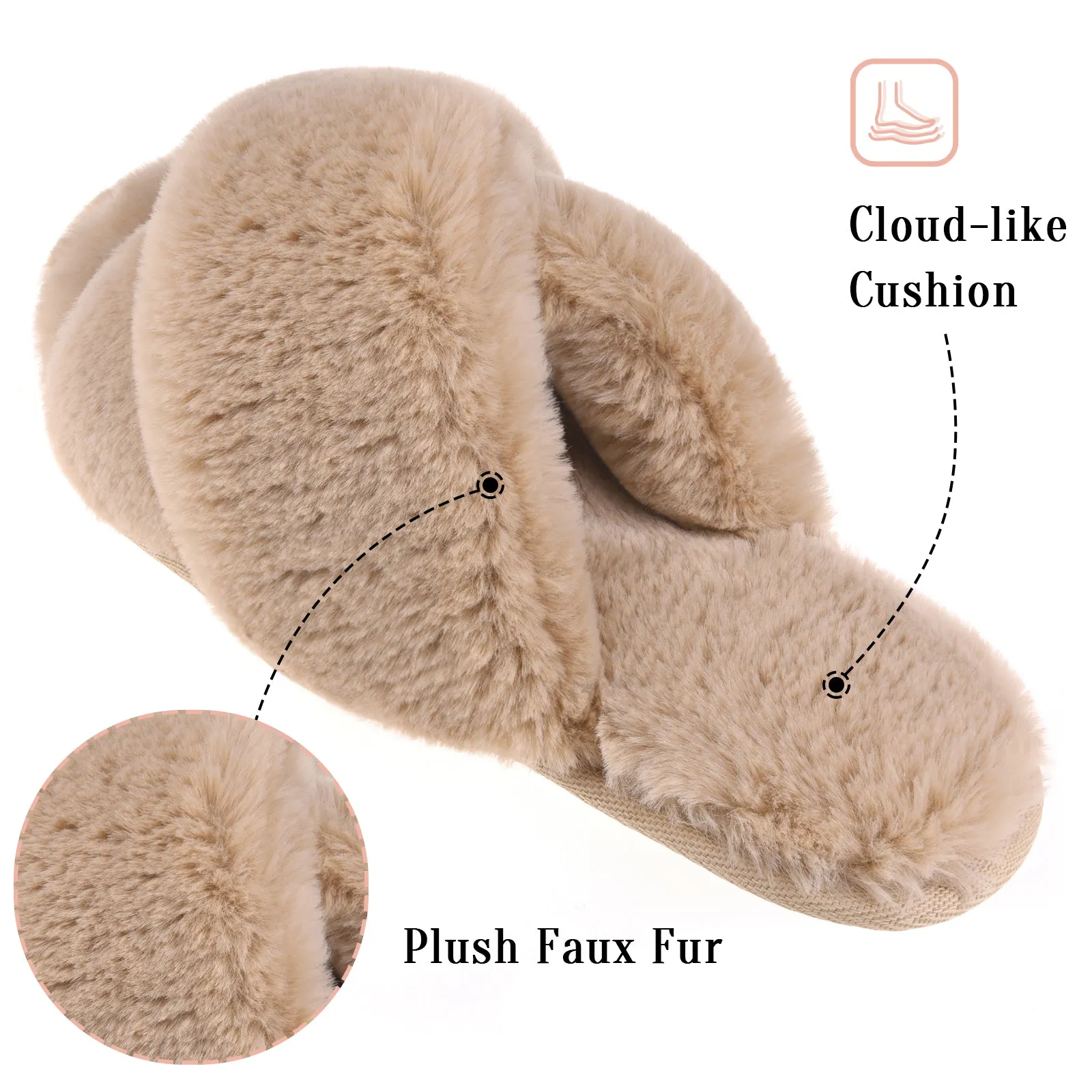 VONMAY Fuzzy Slides for Women Cross Band Faux Fur Open Toe Slippers with Soft Comfy Memory Foam Plush Fluffy Slip On Cozy Anti-Slip House Shoes Waterproof Jelly Shoes