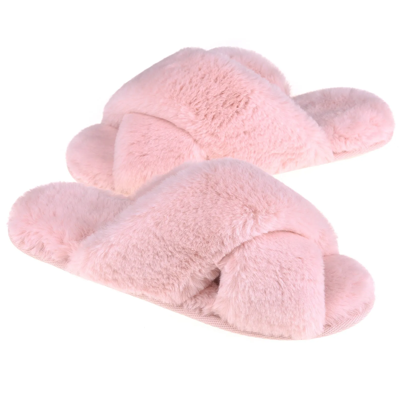 VONMAY Fuzzy Slides for Women Cross Band Faux Fur Open Toe Slippers with Soft Comfy Memory Foam Plush Fluffy Slip On Cozy Anti-Slip House Shoes Waterproof Shoes For Rainy Weather