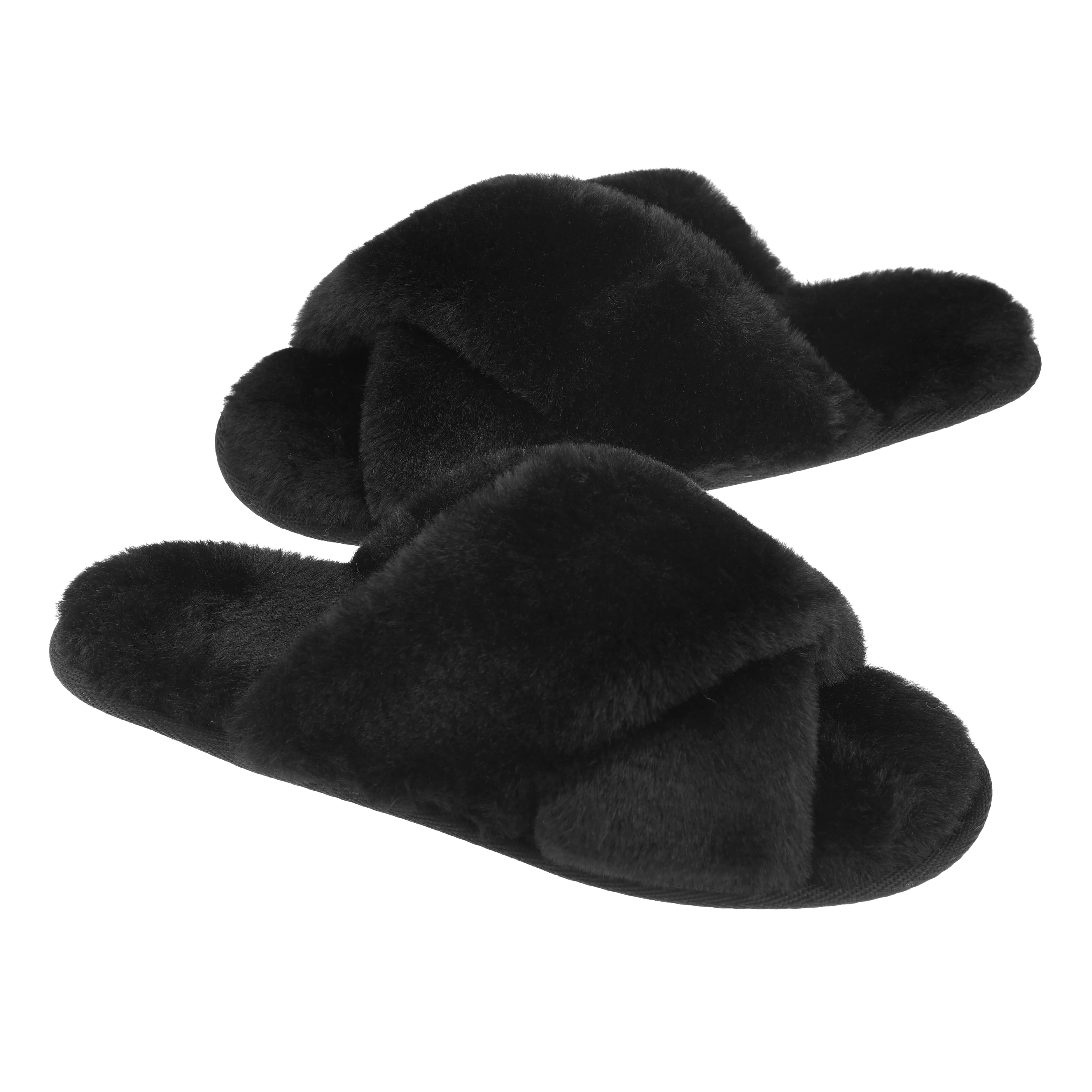Waterproof Hiker Shoes VONMAY Fuzzy Slides for Women Cross Band Faux Fur Open Toe Slippers with Soft Comfy Memory Foam Plush Fluffy Slip On Cozy Anti-Slip House Shoes