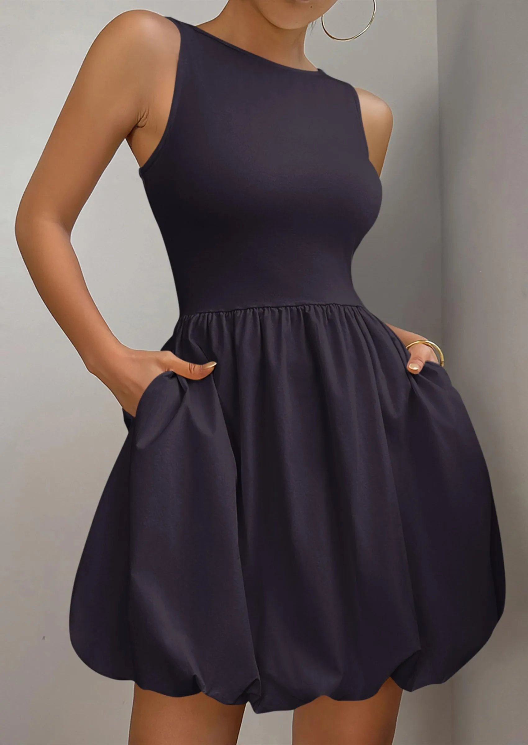Casual Sleeveless Tank Mini Short Dress Crew Neck Bubble Dress with Pockets