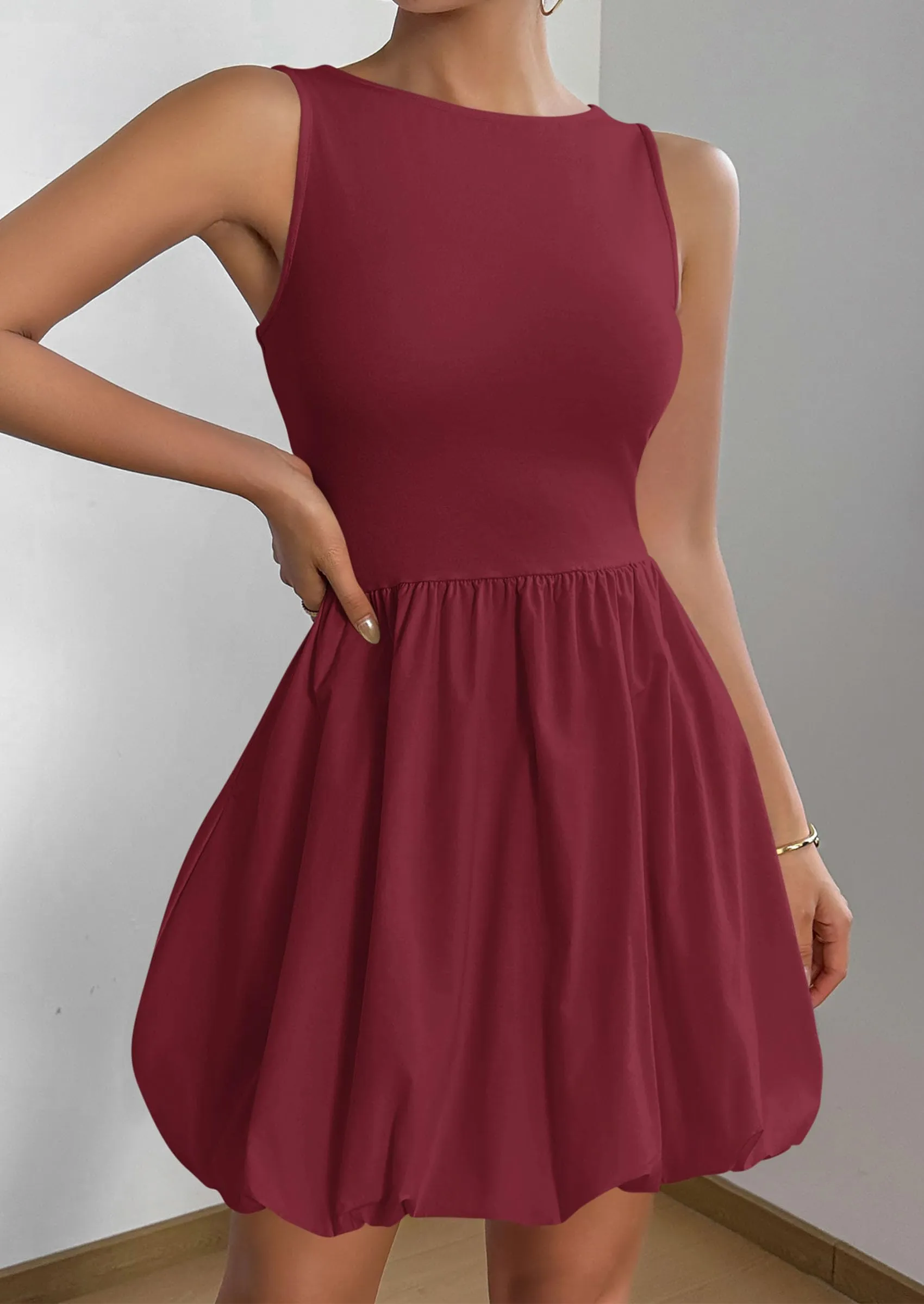 Casual Sleeveless Tank Mini Short Dress Crew Neck Bubble Dress with Pockets