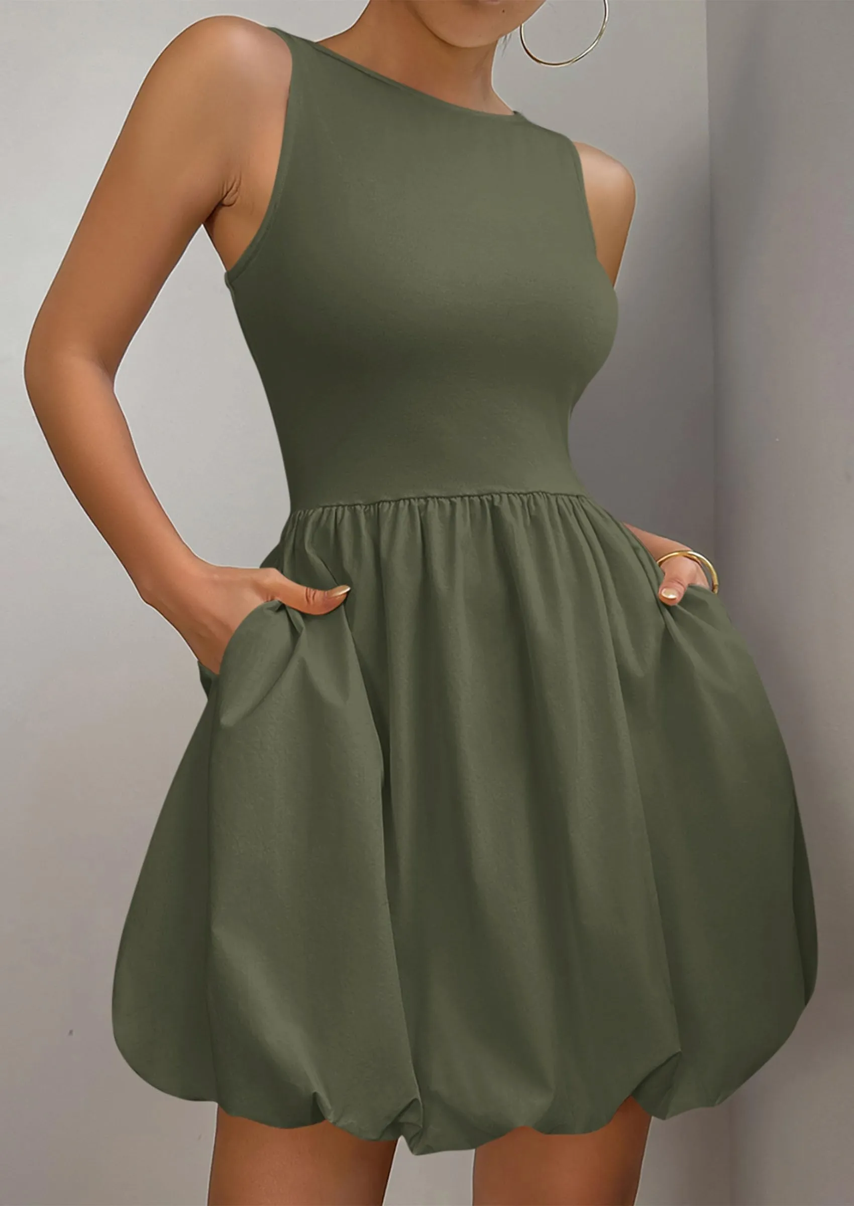 Originals Ozweego Casual Casual Sleeveless Tank Mini Short Dress Crew Neck Bubble Dress with Pockets