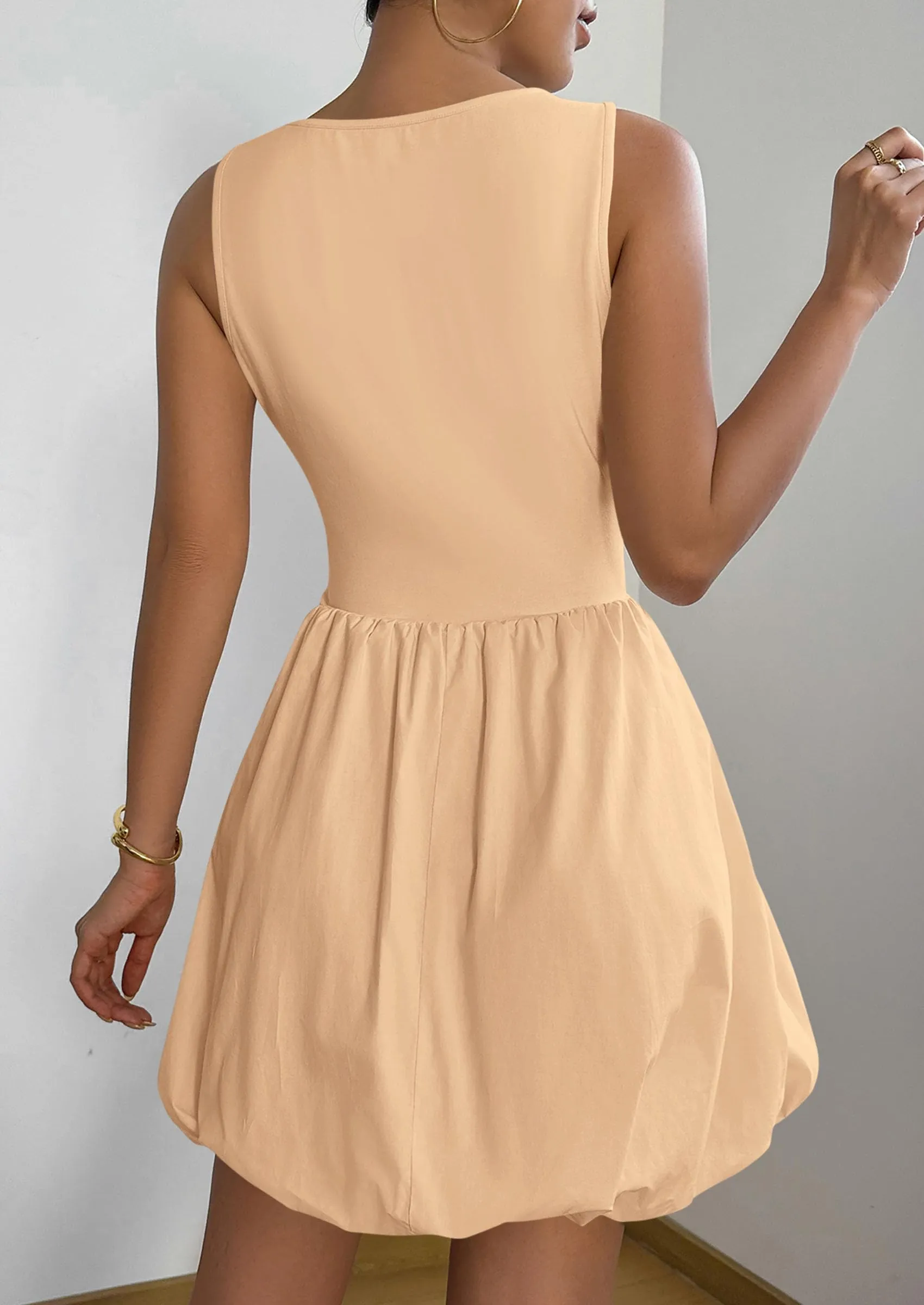 Casual Sleeveless Tank Mini Short Dress Crew Neck Bubble Dress with Pockets